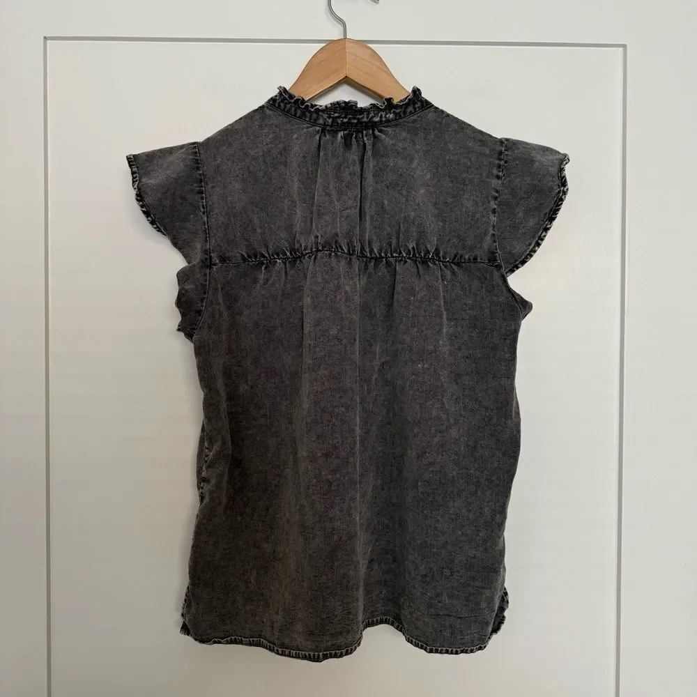 Rails Ruthie Black Acid Wash Top S Flutter Sleeve Button Up Linen Lyocell Ruffle
